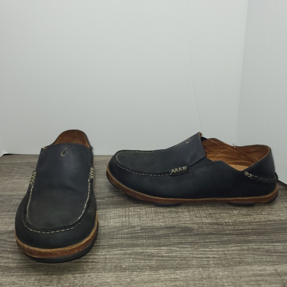 Olukai Moloa Black Leather Comfort Slip-On Shoes Men’s...